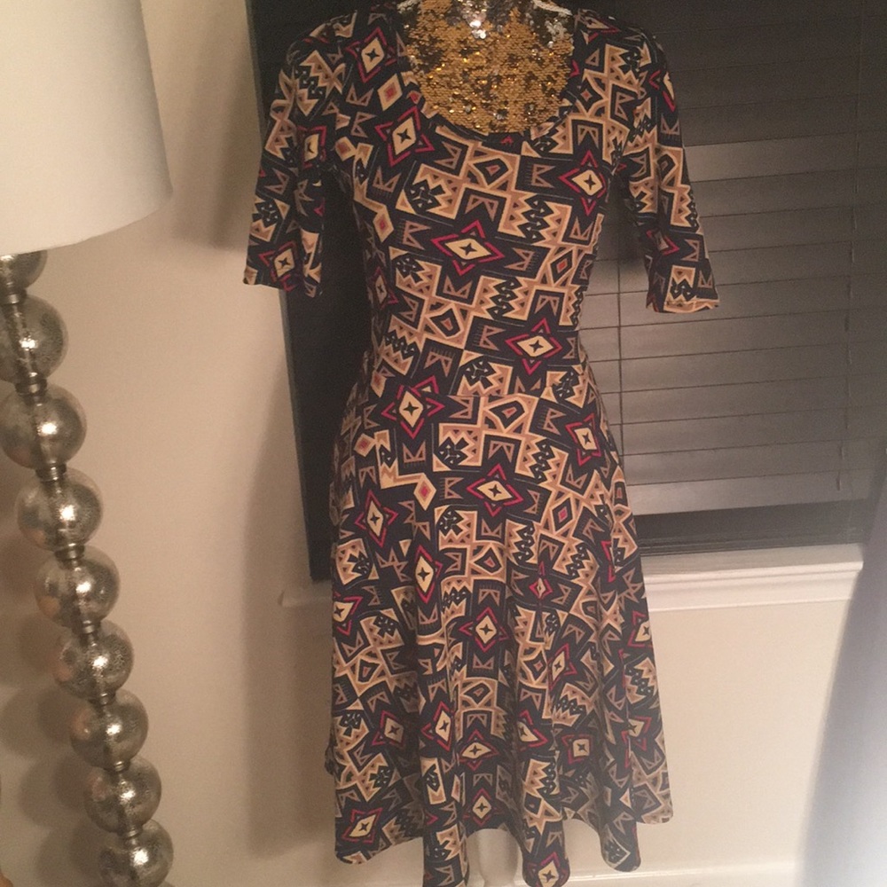LuLaRoe red, brown and blue dress